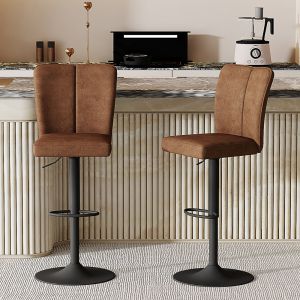 Taburete de bar tela marrón y metal negro ajustable set de 2