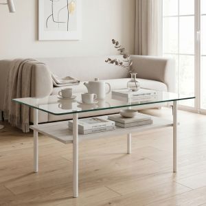 Mesa de centro rectangular con cristal y 2 niveles blanca 45x98x58cm