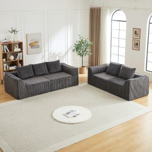 Sofá modular de pana gris sin montaje con 5 cojines