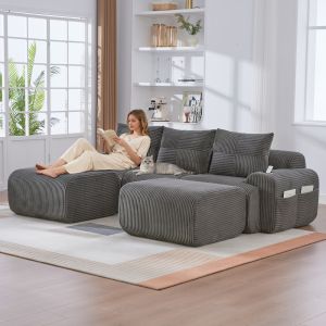Sofá modular 3 plazas pana gris oscuro con portavasos y bolsillo lateral