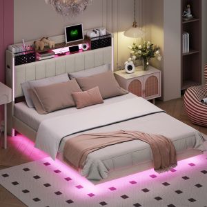 Cama de lino 140x200cm con iluminación LED y puertos usb – beige