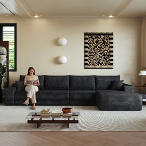 Sofá modular en l tela negra con chaise longue plazas amplias