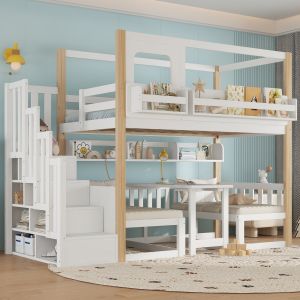 Litera 90x200 cm con mesa abatible y escalera almacenaje madera