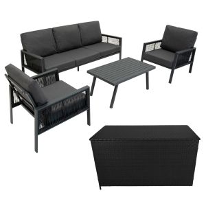 Conjunto de aluminio 5 plazas/4piezas antracita + caja en ratán negro 582l