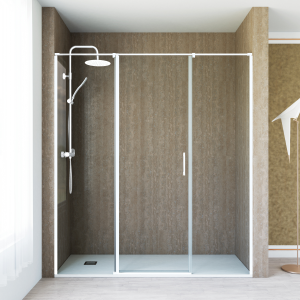 Mampara ducha 1 puerta abatible 2 fijos 110cm transparente blanco