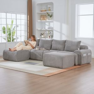 Sofá modular 4 plazas pana gris claro con portavasos y bolsillo lateral
