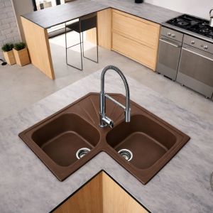 Fregadero angular ícaro 2 senos 76,5x76,5 resina chocolate mueble 80 cm
