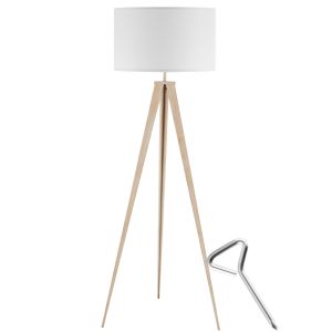 Lámpara de pie con pantalla de tela y base de trípode, roble
