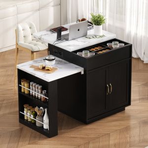 Isla de cocina con mesa extensible LED mdf negro 93x125,5-187,5x71cm