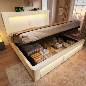 Cama hidráulica doble,160x200,beige,colchón no incluido.