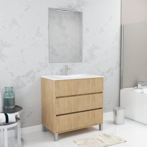 Mueble baño 80cm roble 3 cajones + lavabo + espejo + aplique LED