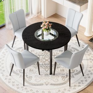 Mesa de comedor redonda 4 sillas madera negra gris claro 100cm