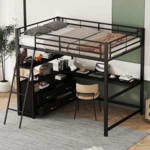 Cama alta juvenil 140x200cm con escritorio en l y cajones metal y mdf negro
