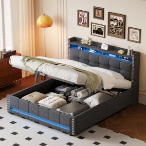 Cama tapizada 160x200cm con canapé hidráulico, LED y usb lino – gris