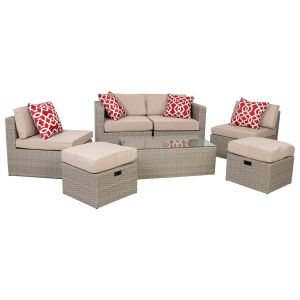Set mesa, sofá 2 sillones y 2 reposapiés de color beige
