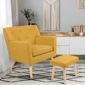 Sillón escandinavo - tela amarilla - reposapiés
