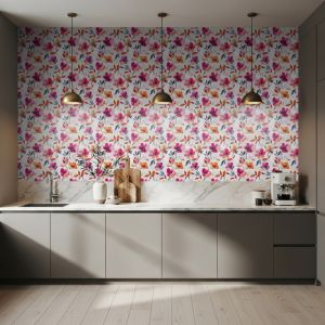 Papel pintado floral acuarela jardín rosado color fucsia 60cm por 250cm