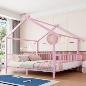 Cama casita infantil de metal 140 x 200 cm con barandillas y techo rosa