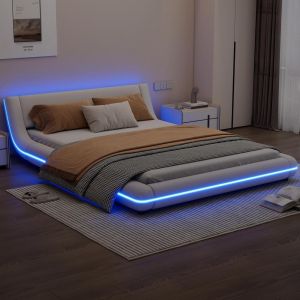 Cama plataforma 140x200cm LED rgb ambiente pu mdf sommier blanco