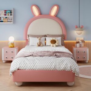 Cama infantil 90x200cm con cabecero conejo, LED, rosa y blanco