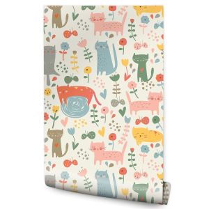 Papel Pintado Con Flores Encantadoras Coloridas Y Gatitos 53cm x 10m