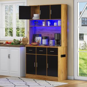 Aparador de cocina con LED 6 puertas 3 cajones natural y negro 180x100x40cm