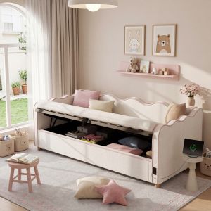 Cama tapizada 90x200 cm con almacenaje hidráulico y usb bouclé – beige