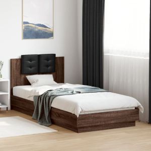 Cama cabecero luces LED roble marrón 90x200 cm reg1472