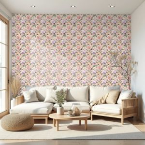 Papel floral diseño romántico peonías lila fondo melocotón 60cm por 250cm
