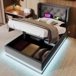 Cama tapizada 90x200cm canapé LED usb-c algodón gris con colchón