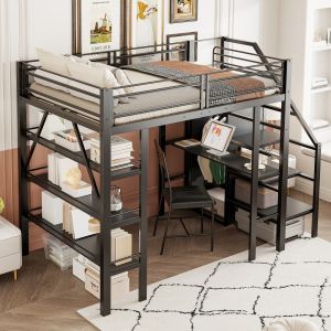 Cama alta 140x200cm con escritorio, estantería y armario metal – negro