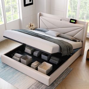 Cama tapizada 140x200cm canapé carga integrada lino algodón beige colchón