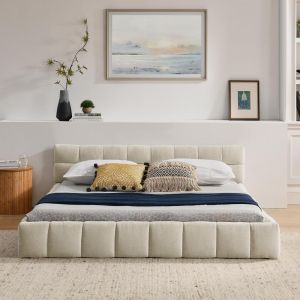 Cama doble 160x200cm en chenilla, eucalipto y hierro, beige