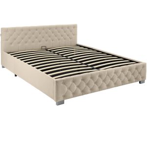 Cama tapizada con LED y somier abatible, 250 kg, 180 x 200 cm, beige
