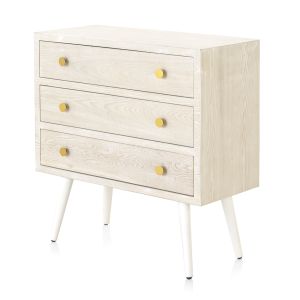 Cómoda de 3 cajones patinada blanca fresno con tirador dorado, 80x36x81cm