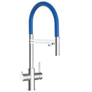 Grifo cocina 5 vías acero inox ducha 2chorros amovible, cepillado/azul, FX