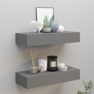 Estantes de pared con cajón 2 uds mdf gris 60x23,5x10 cm es7501
