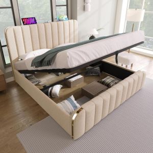 Cama baúl 140x200cm con cabecero capitonado beige y elevación
