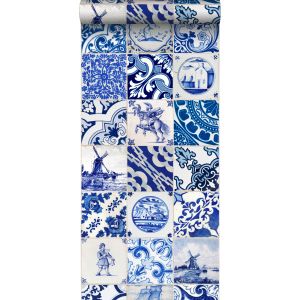 Estahome papel pintado xxl azulejos pequeños azul índigo 50 x 900 cm