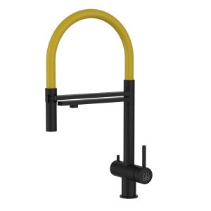 Grifo cocina 3 vías acero inox ducha 2 chorros amovible, negro / amarillo