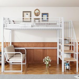 Litera 90x200cm con escalera y almacenaje, sofá tapizado, blanco