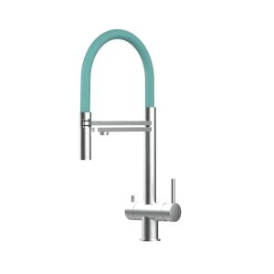 Grifo cocina 3 vías acero inox ducha 2 chorros amovible, cepillado/turquesa