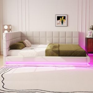Canapé cama 160x200cm con luces LED usb somier lamas beige