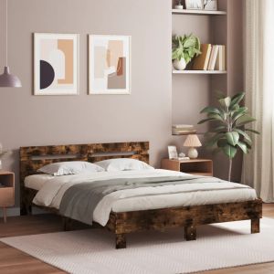 Cama cabecero y luces LED roble ahumado 150x200cm