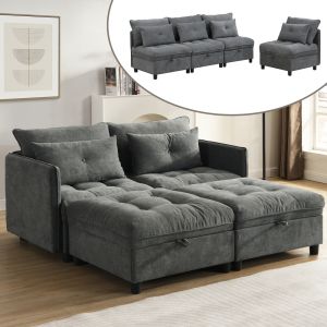 Sofá modular 4 plazas de chenilla gris antiguo almacenamiento función cama
