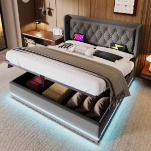 Cama Doble 180x200cm con Canapé Hidráulico, USB-C y LED Algodón – Gris