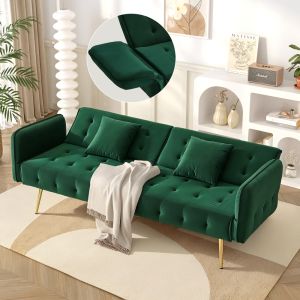 Sofá cama 2 plazas terciopelo verde respaldo y reposabrazos ajustables