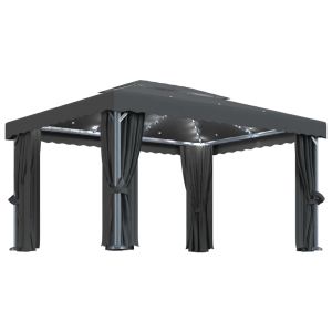 vidaXL cenador con cortina y tira de luz LED aluminio antracita 4x3 m