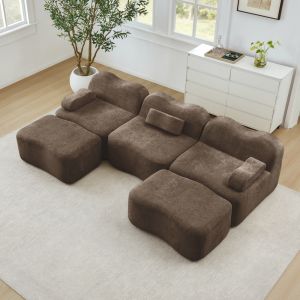 Sofá modular en u terciopelo marrón 3 plazas 2 otomanas asiento profundo