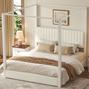 Cama con dosel 180x200 cm y cabecero de terciopelo – blanco